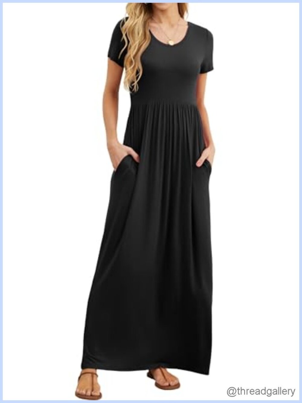 Women Summer Casual Maxi Long Dress Short Sleeve Crew Neck Pockets